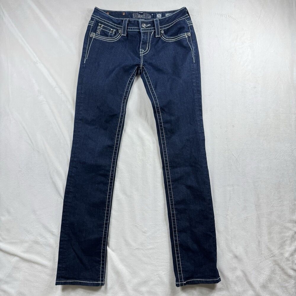 Miss Me Jeans Straight Women's 26 Dark Wash JE5685T2L Embellished Rhinestones